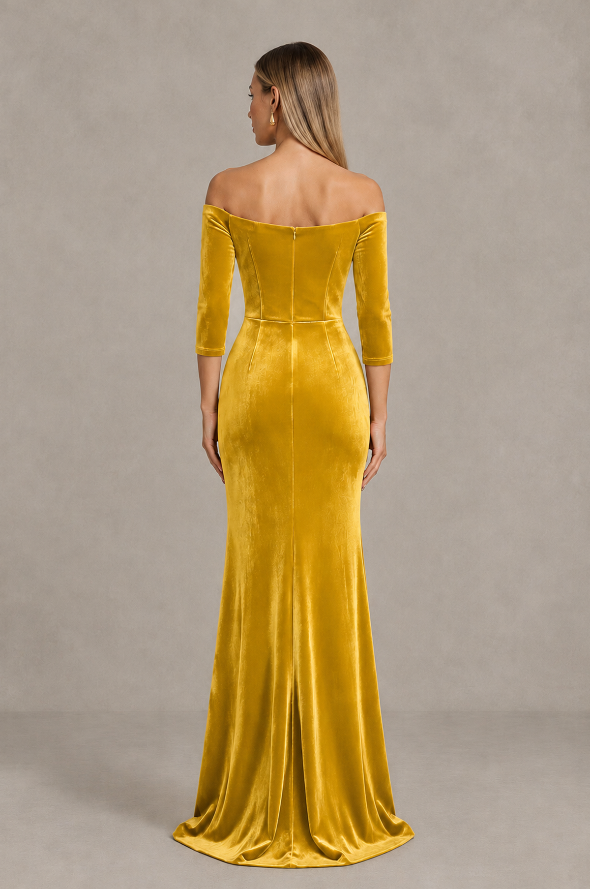 BOLODOO Yellow Off-Shoulder Velvet Evening Dress with High Slit - Yellow - Yellow_2