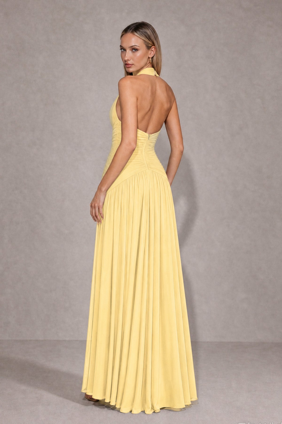 BOLODOO Yellow Chiffon Halter Deep V-Neck Ruched A-Line Backless Maxi Dress with Train-BD0167 - Yellow - Yellow_2
