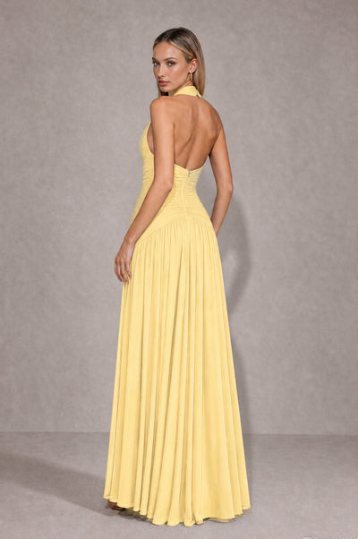 BOLODOO Yellow Chiffon Halter Deep V-Neck Ruched A-Line Backless Maxi Dress with Train-BD0167 - Yellow - Yellow_2