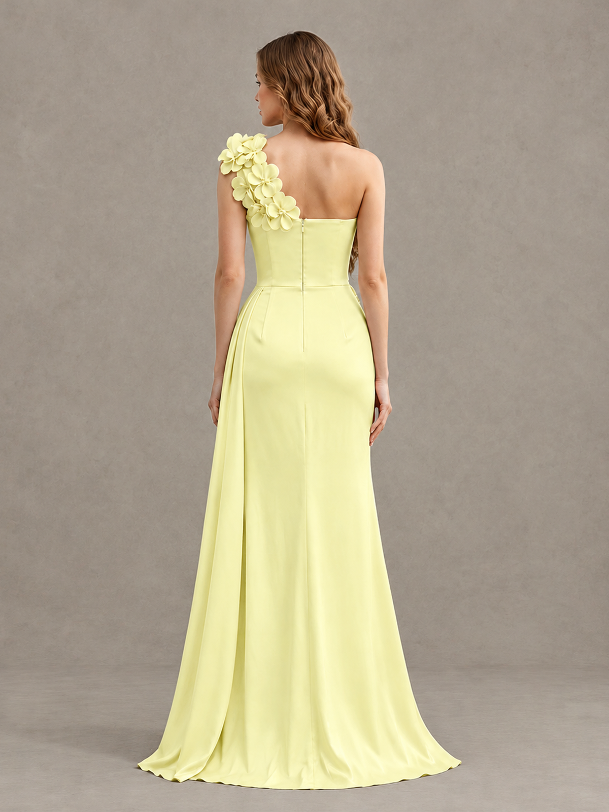 BOLODOO Yellow One-Shoulder Satin Mermaid Evening Gown with 3D Floral Appliqué - Yellow - Yellow_2