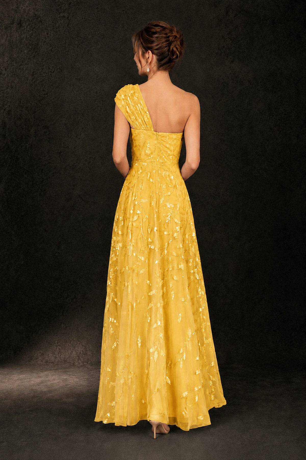 BOLODOO Yellow Leaf Sequin One-Shoulder A-Line Maxi Gown – Mother of the Bride & Formal Evening Dress - Yellow - Yellow_2