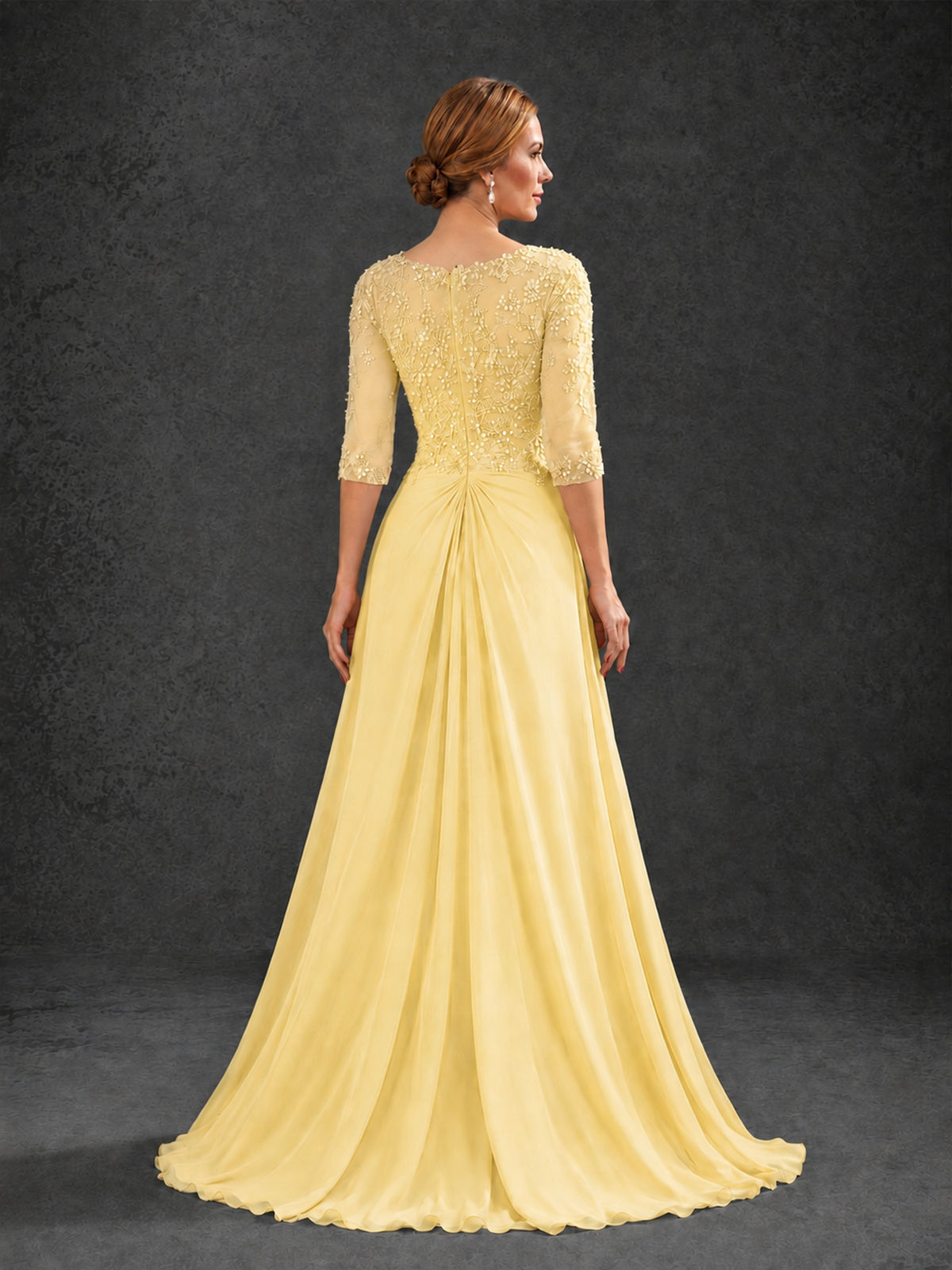 BOLODOO Yellow Sweetheart Neck 3/4 Sleeve Floral Lace Illusion Bodice Chiffon A-Line Gown - Yellow - Yellow_2