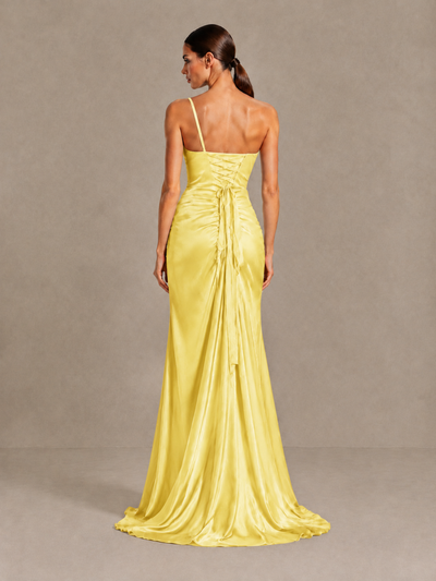 BOLODOO Yellow One Shoulder Satin Evening Gown with High Slit and Sweep Train - Yellow - Yellow_2