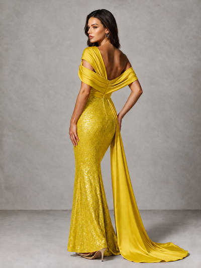 BOLODOO Yellow Sequin Mermaid Evening Dress with Off-Shoulder Satin Drape and Sweep Train - Yellow - Yellow_2