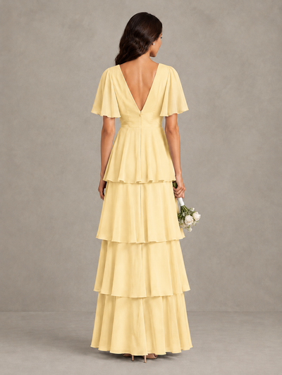 BOLODOO Yellow Tiered Flutter Sleeve Bridesmaid Dress - Yellow - Yellow_2