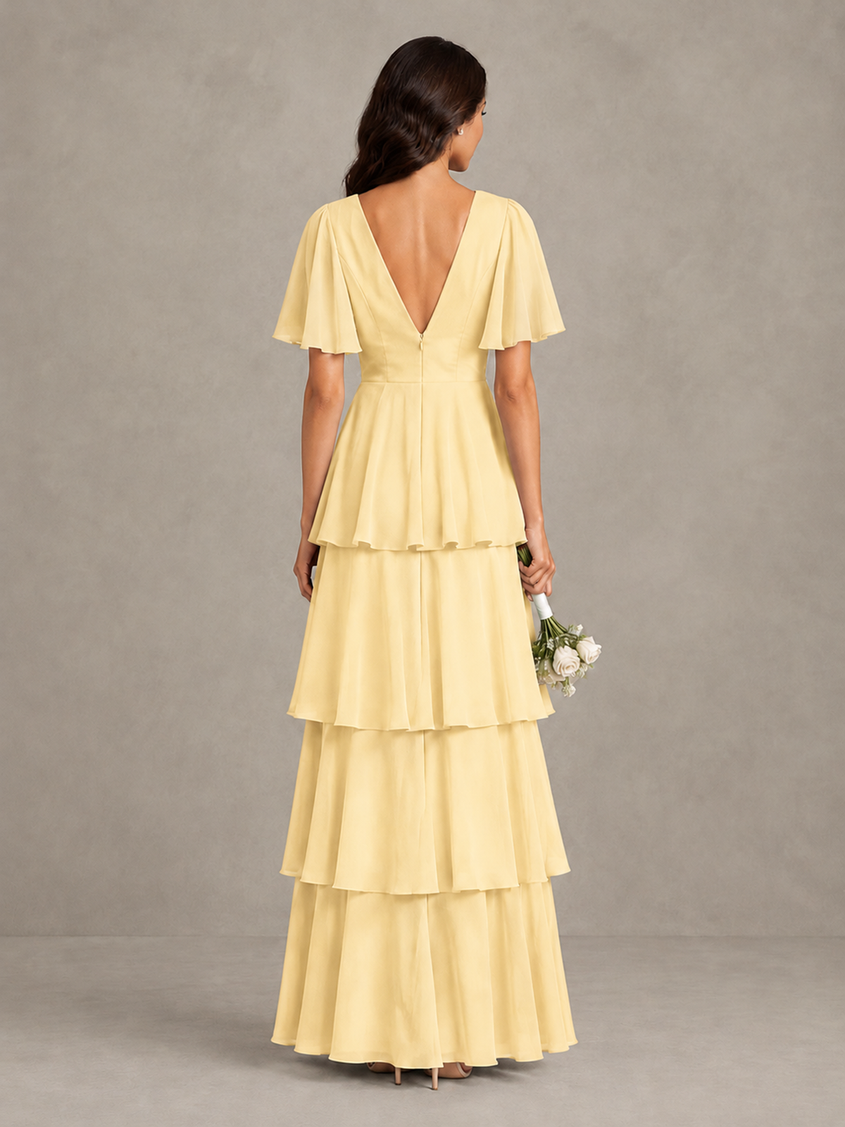BOLODOO Yellow Tiered Flutter Sleeve Bridesmaid Dress - Yellow - Yellow_2