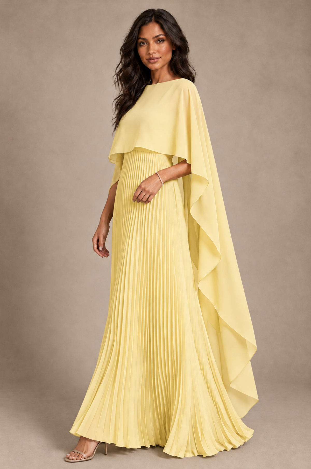 BOLODOO Yellow Pleated Cape A-Line Evening Dress - Yellow - Yellow_2