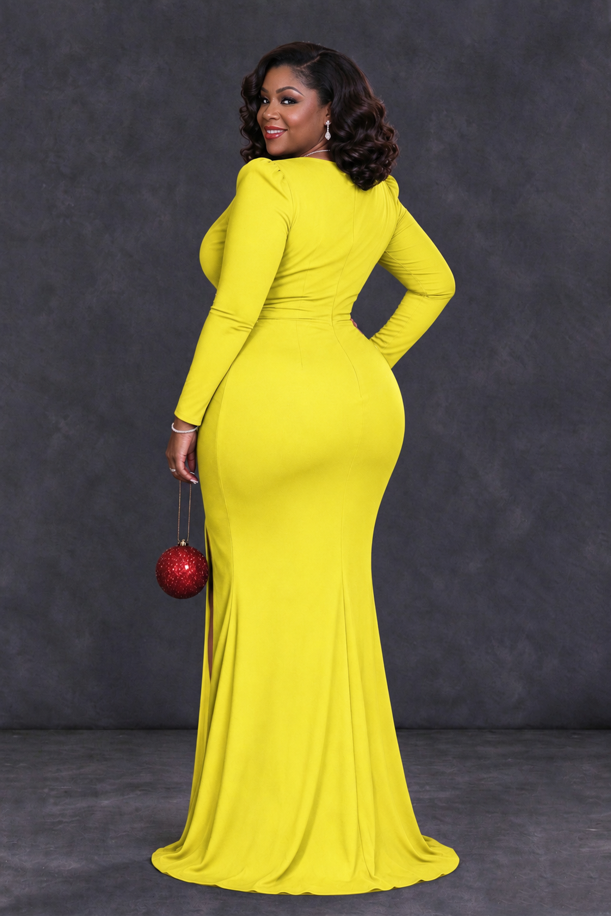 BOLODOO Yellow Plus Size Long Sleeve V-Neck Mother of the Bride Dress with Slit - Yellow - Yellow_2