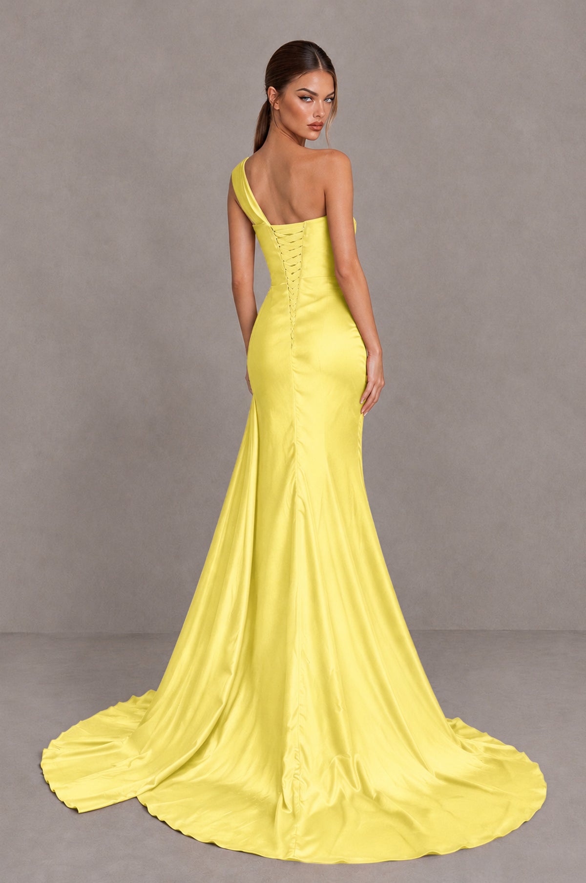 BOLODOO Yellow One Shoulder Satin Mermaid Evening Dress with Ruched Slit Skirt - Yellow - Yellow_2