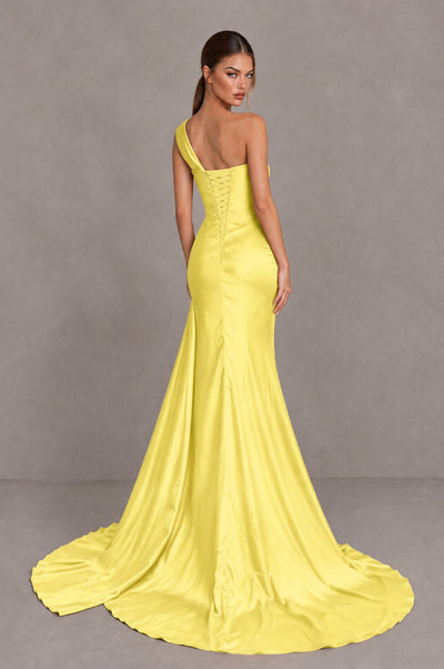 BOLODOO Yellow One Shoulder Satin Mermaid Evening Dress with Ruched Slit Skirt - Yellow - Yellow_2