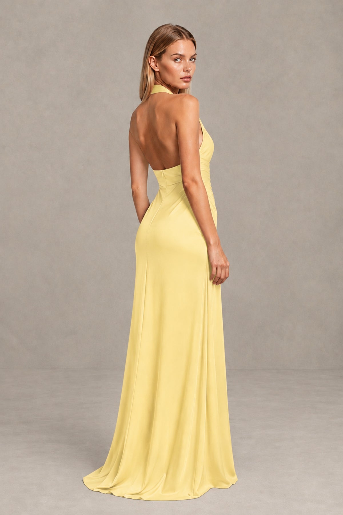 BOLODOO Yellow Twisted Halter Neck Ruched Sleeveless Open Back Floor-Length Gown - Yellow - Yellow_2