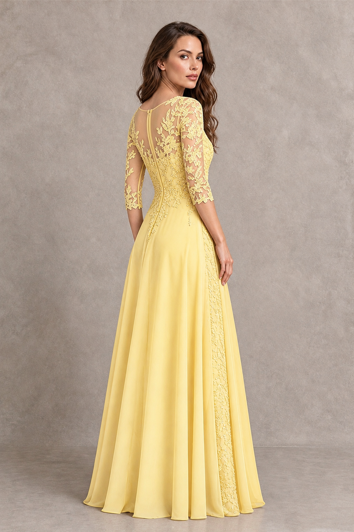 BOLODOO Midnight Yellow Beaded Lace Appliqué Chiffon A-Line Gown | Mother of the Bride & Formal Evening Dress - Yellow - Yellow_2