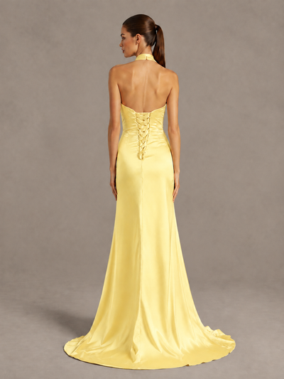BOLODOO Yellow Halter Satin Evening & Prom Dress with High Slit - Yellow - Yellow_2