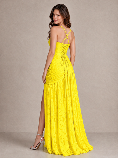 BOLODOO Yellow Floral Jacquard Bridesmaid Dress with Square Neck, Lace-Up Back & High Slit - Yellow - Yellow_2
