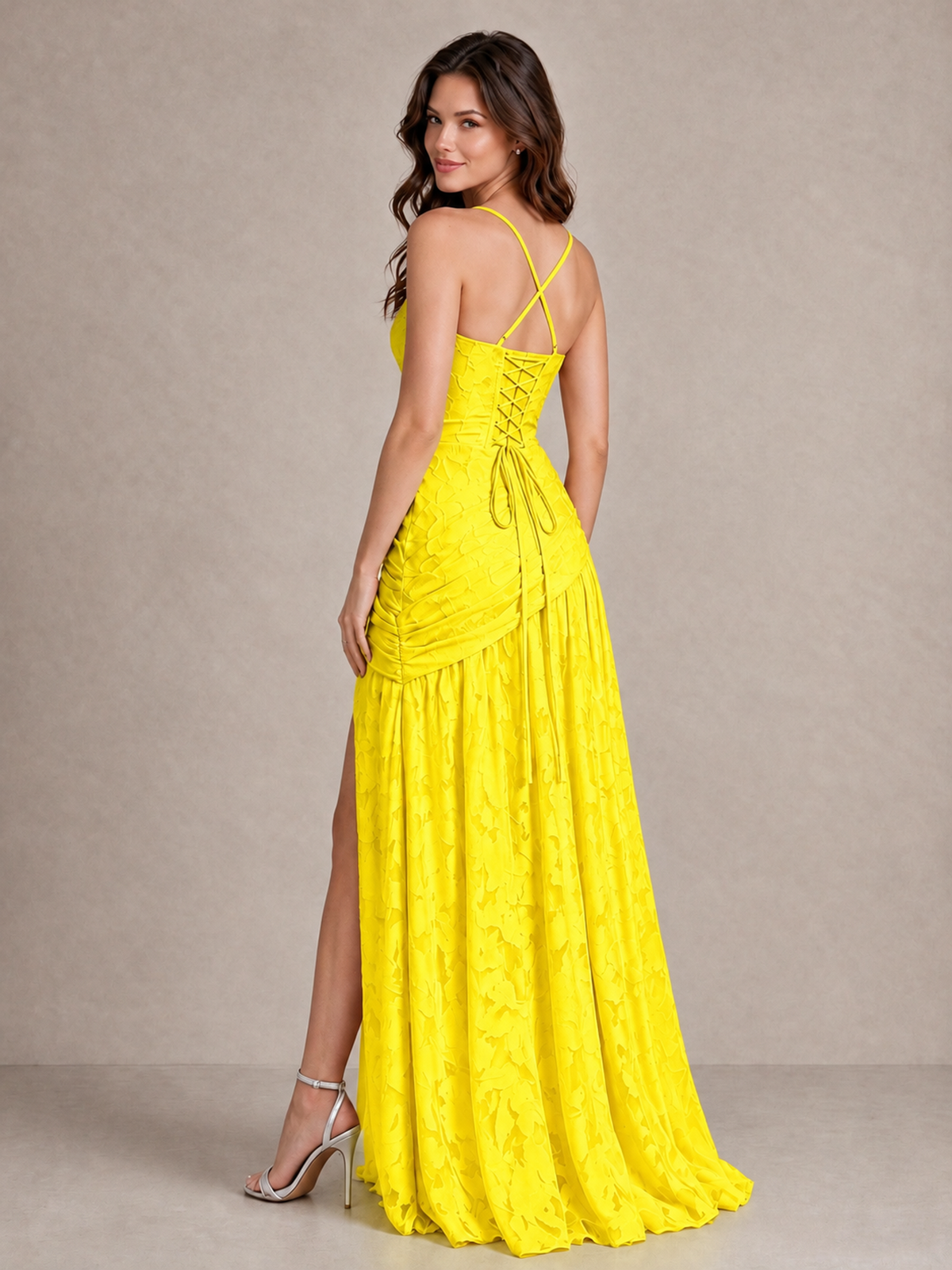 BOLODOO Yellow Floral Jacquard Bridesmaid Dress with Square Neck, Lace-Up Back & High Slit - Yellow - Yellow_2