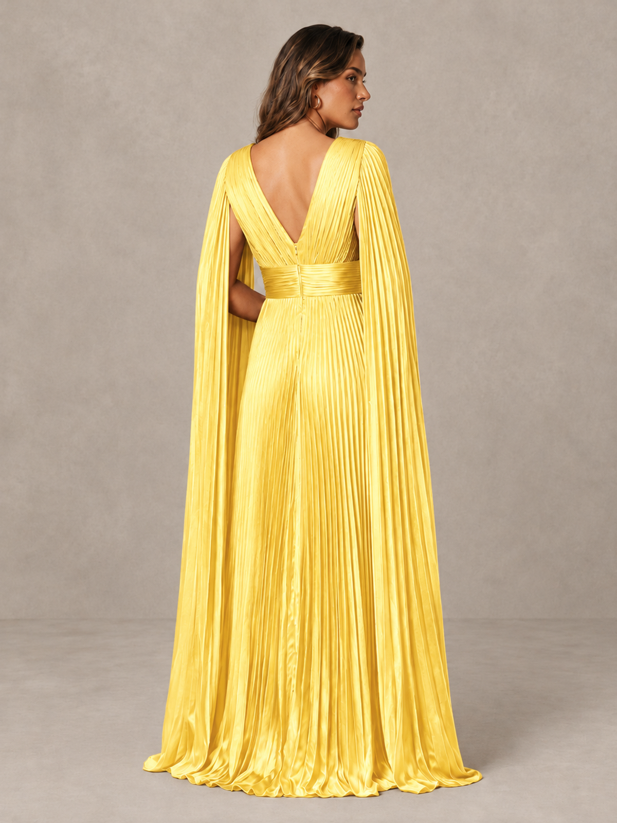 BOLODOO Yellow Deep V-Neck Pleated Cape Sleeve Evening Gown - Yellow - Yellow_2