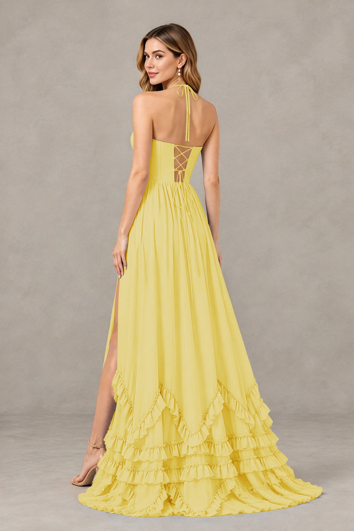 BOLODOO Yellow Halter Ruffle Hem A-Line Bridesmaid Dress with High Slit - Yellow - Yellow(2)