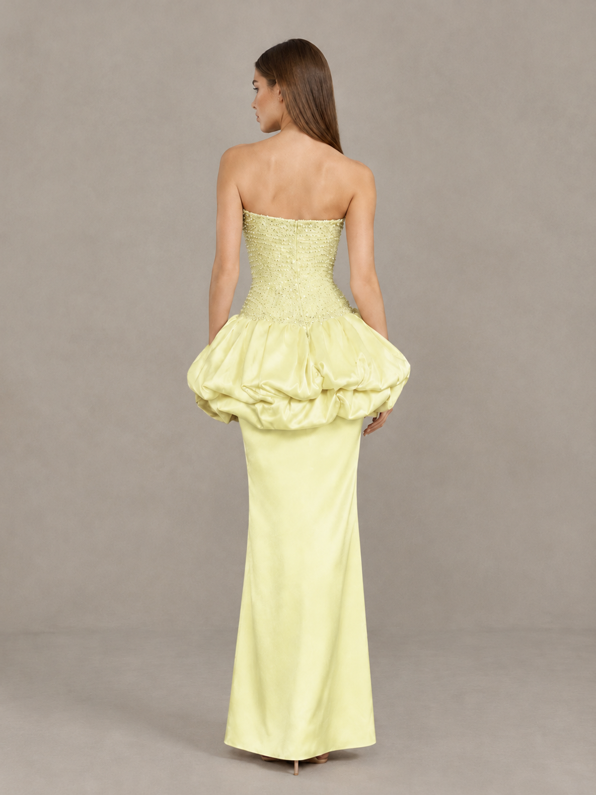 BOLODOO Yellow Strapless Embellished Bubble Peplum Evening Dress - Yellow - Yellow_2