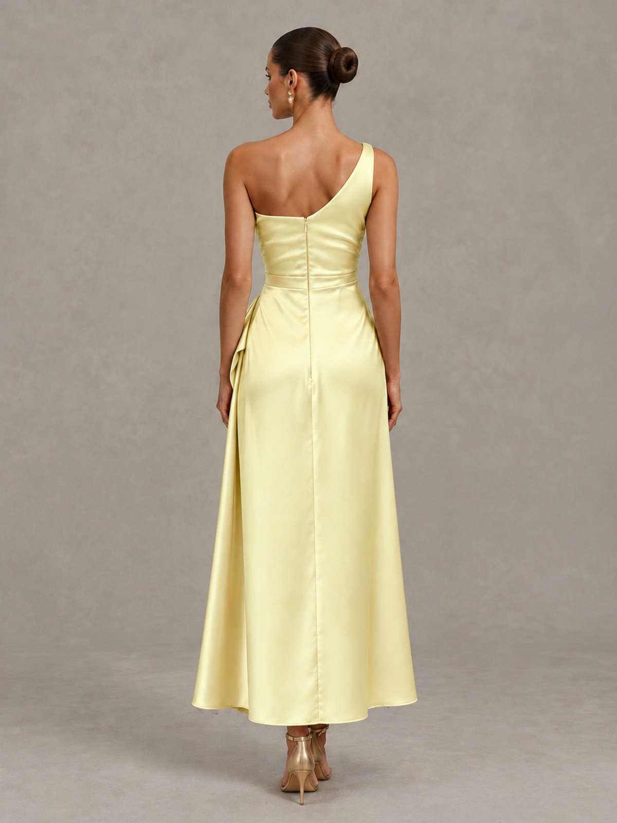 BOLODOO Yellow One Shoulder Satin Cocktail Dress with Draped A-Line Skirt - Yellow - Yellow_2