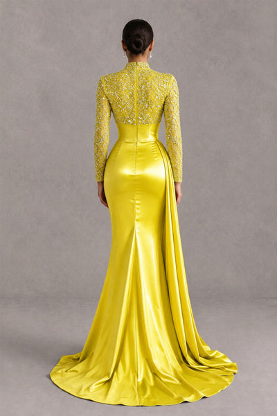 BOLODOO Yellow Long Sleeve Embellished Satin Mermaid Evening Gown - Yellow - Yellow_2