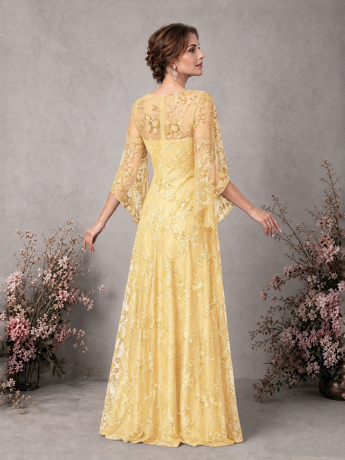 BOLODOO Yellow Sequin Lace Cape Sleeve Formal Evening Gown - Yellow - Yellow_2
