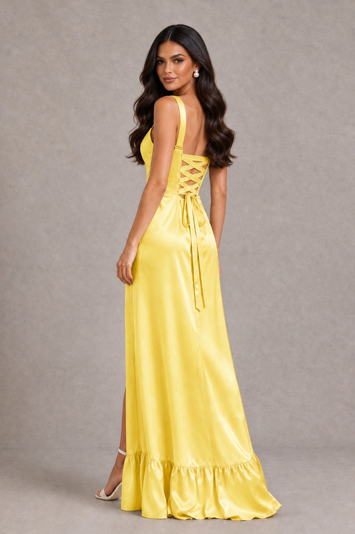 BOLODOO Yellow Square Neck Satin Evening Dress with Lace-Up Back and High Slit - Yellow - Yellow_2