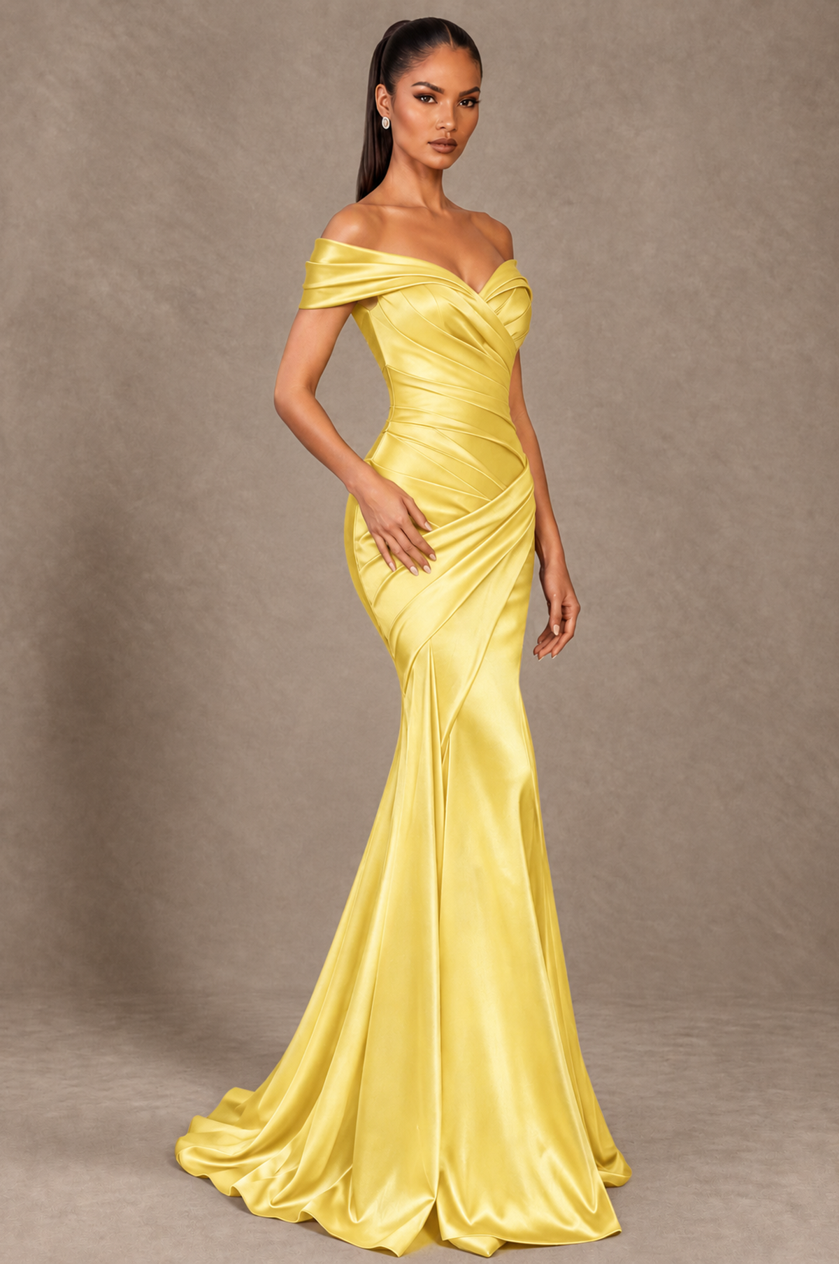 BOLODOO Yellow Off-the-Shoulder Ruched Satin Mermaid Evening Dress - Yellow - Yellow_2