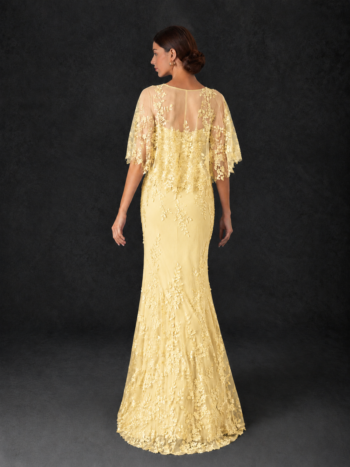 BOLODOO Yellow Botanical Lace Flutter Sleeve Mermaid Gown - Yellow - Yellow_2