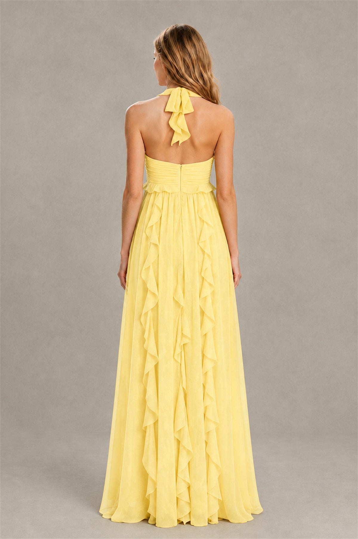 BOLODOO Yellow Halter Ruffle A-Line Floor-Length Evening Dress - Yellow - Yellow_2