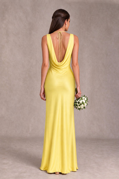 BOLODOO Yellow Cowl Neck Open Back Satin Bridesmaid Dress - Yellow - Yellow_2
