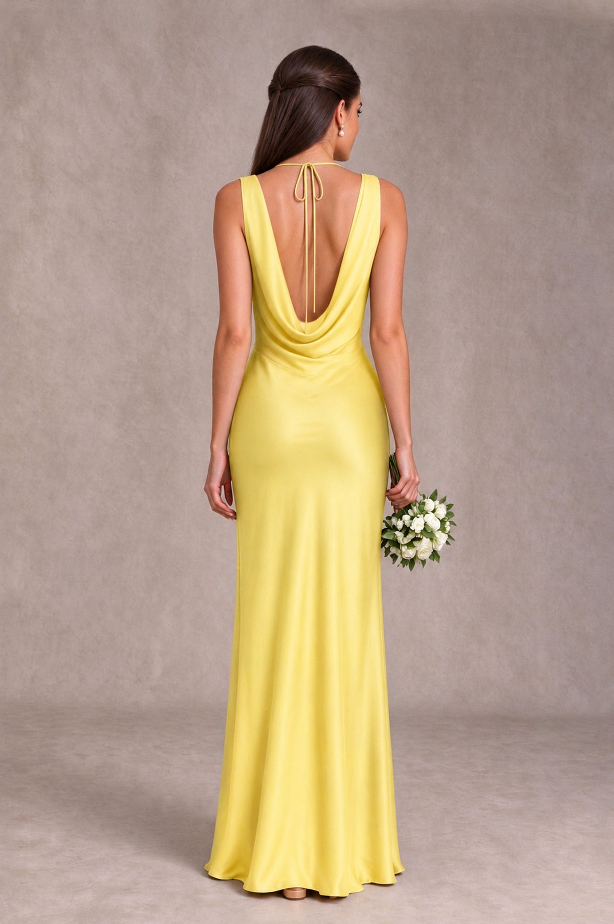 BOLODOO Yellow Cowl Neck Open Back Satin Bridesmaid Dress - Yellow - Yellow_2