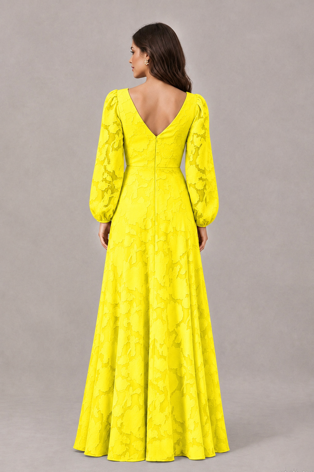 BOLODOO Yellow Long Sleeve V-Neck A-Line Mother of the Bride Dress - Yellow - Yellow_2