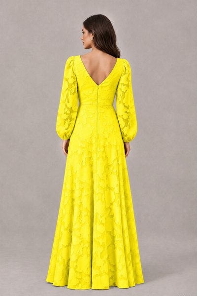 BOLODOO Yellow Long Sleeve V-Neck A-Line Mother of the Bride Dress - Yellow - Yellow_2