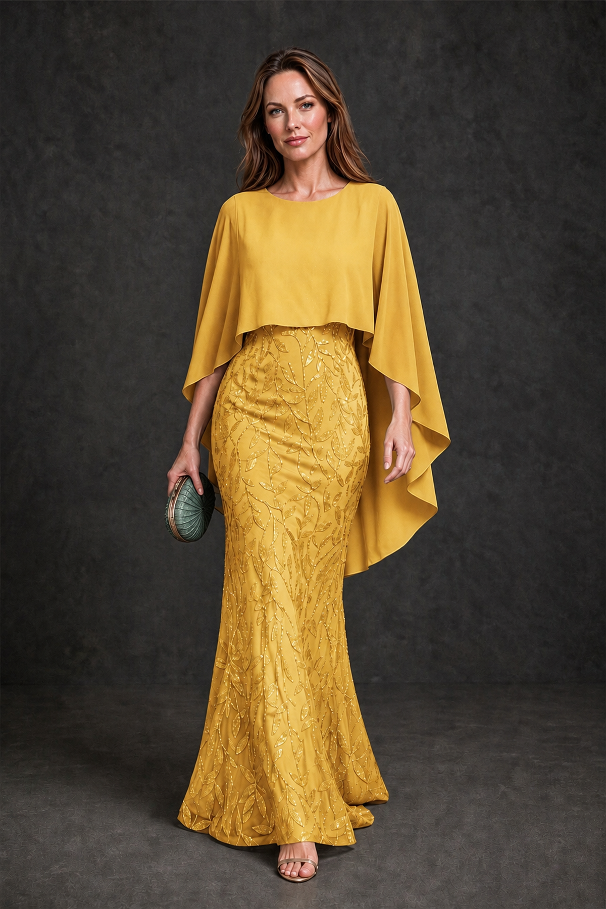 BOLODOO Yellow Round Neck Chiffon Cape Overlay Sequin Lace Mermaid Maxi Dress - Yellow - Yellow_2