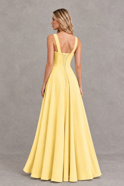 BOLODOO Yellow Square Neck Ruffle A-Line Bridesmaid Dress with Slit - Yellow - Yellow_2