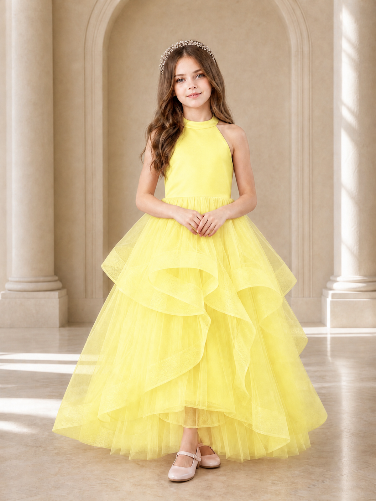 BOLODOO Yellow Halter Tiered Tulle Flower Girl Dress with Bow Back - Yellow - Yellow_2