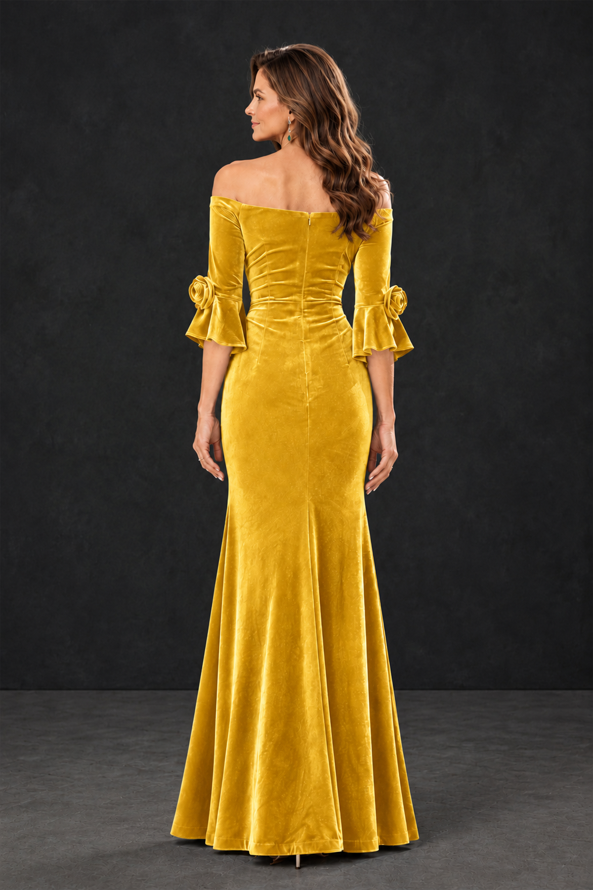 BOLODOO Yellow Velvet Mother of the Bride Dress with Rosette Sleeves - Yellow - Yellow_2
