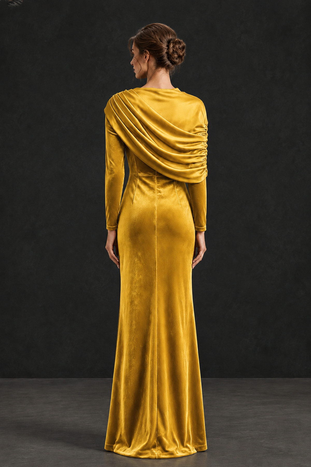BOLODOO Yellow Velvet Long Sleeve Draped Mother of the Bride Dress - Yellow - Yellow_2