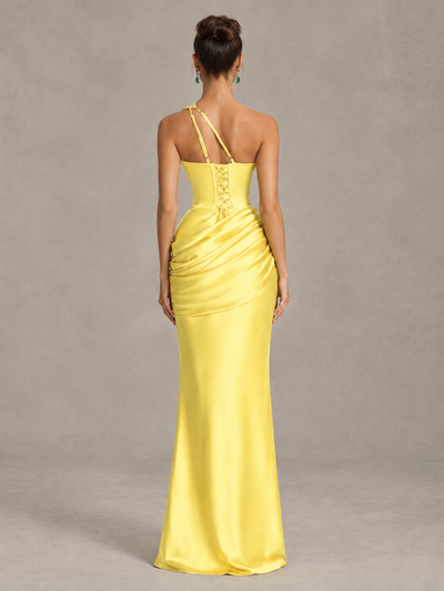 BOLODOO Yellow One-Shoulder Cutout Satin Mermaid Prom Dress - Yellow - Yellow_2