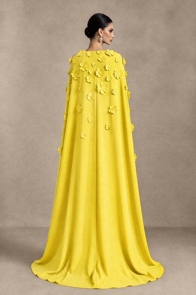 BOLODOO Yellow 3D Floral Applique Cape Formal Dress - Yellow - Yellow_2