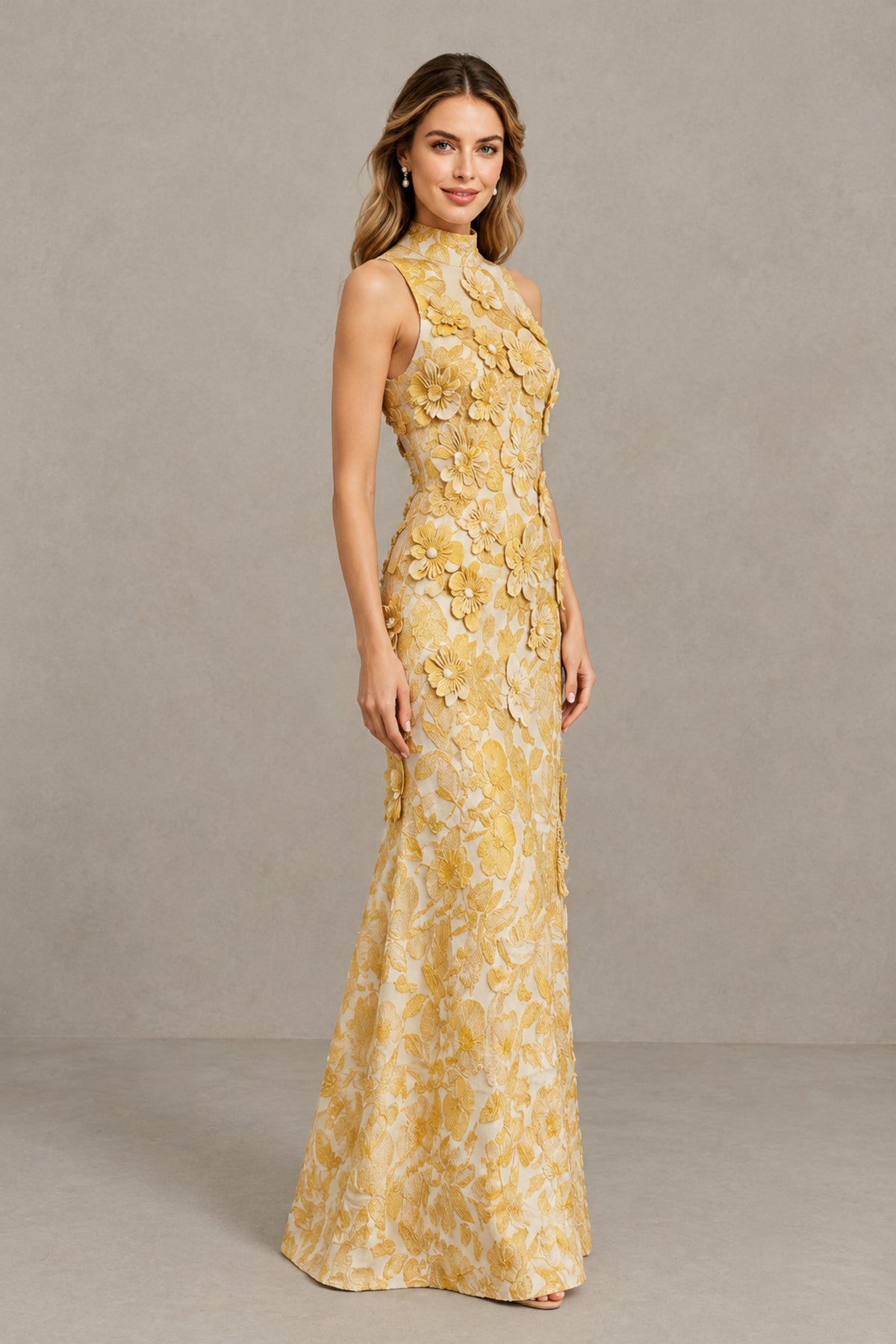 BOLODOO Yellow High Neck Sleeveless 3D Floral Evening Gown - Yellow
