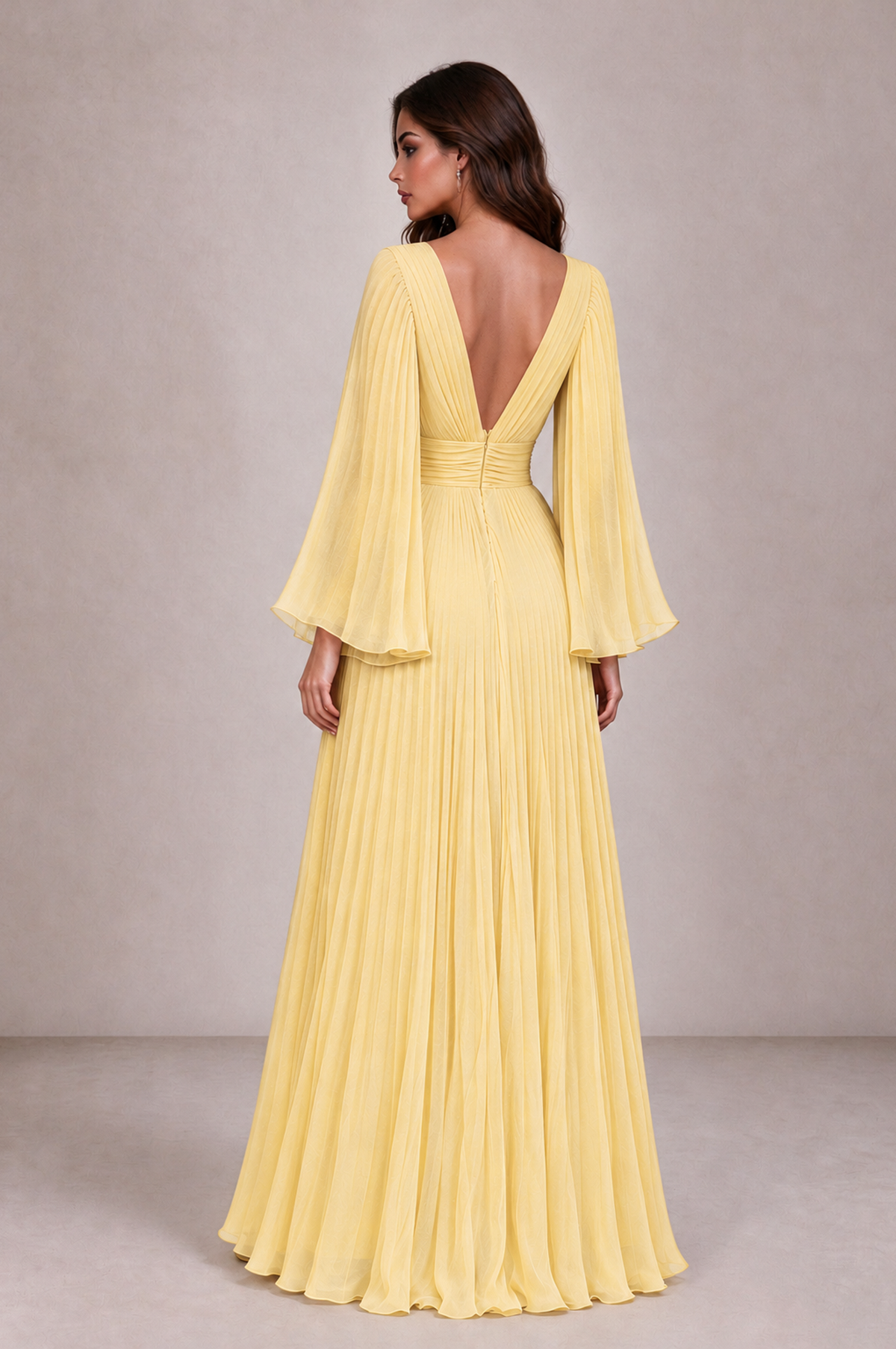 BOLODOO Yellow Pleated Deep V-Neck Long Bell Sleeve Evening Dress - Yellow - Yellow_2