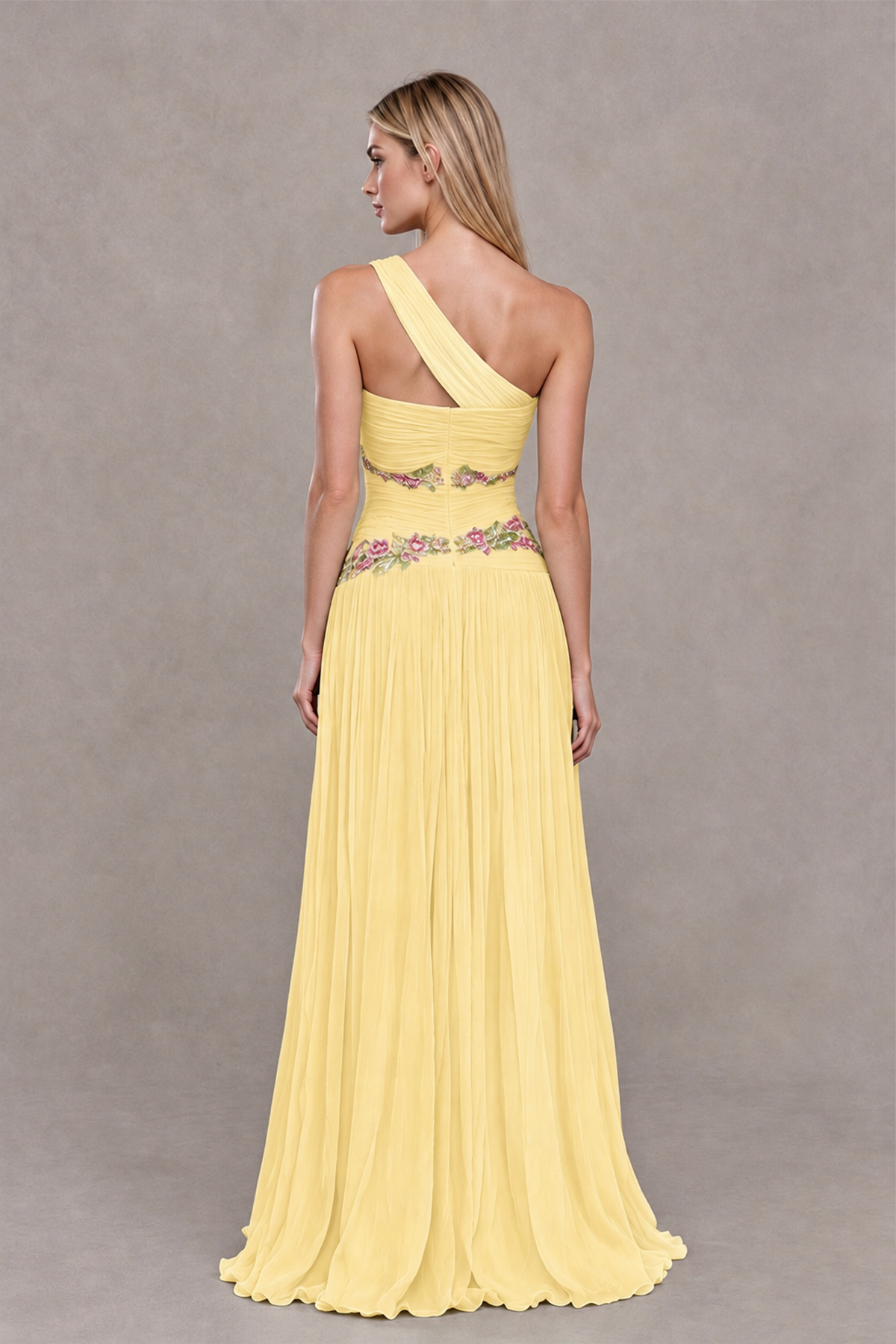BOLODOO Yellow One-Shoulder Floral Applique A-Line Evening Dress - Yellow - Yellow_2