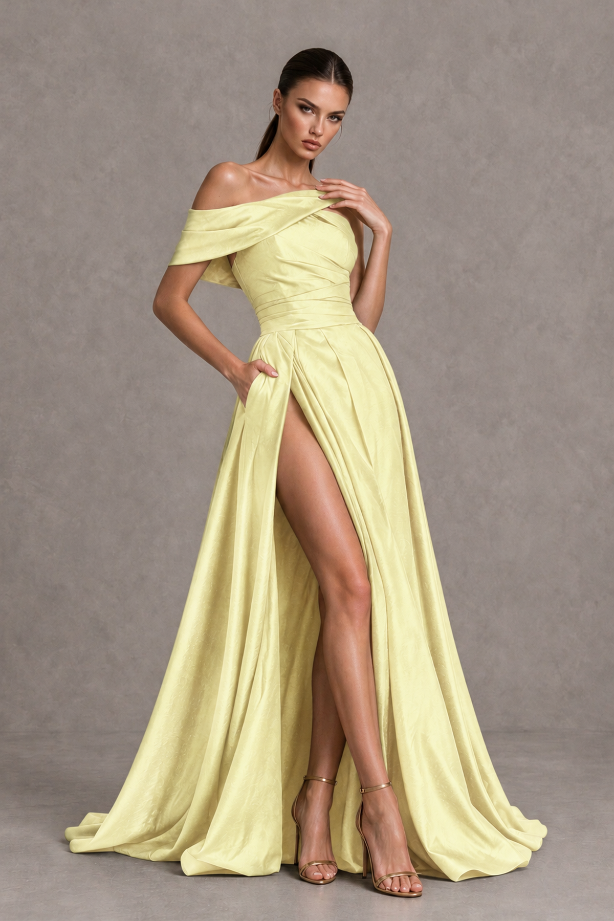 BOLODOO Yellow Asymmetric Satin-Look A-Line Prom Dress with High Slit - Yellow - Yellow_2