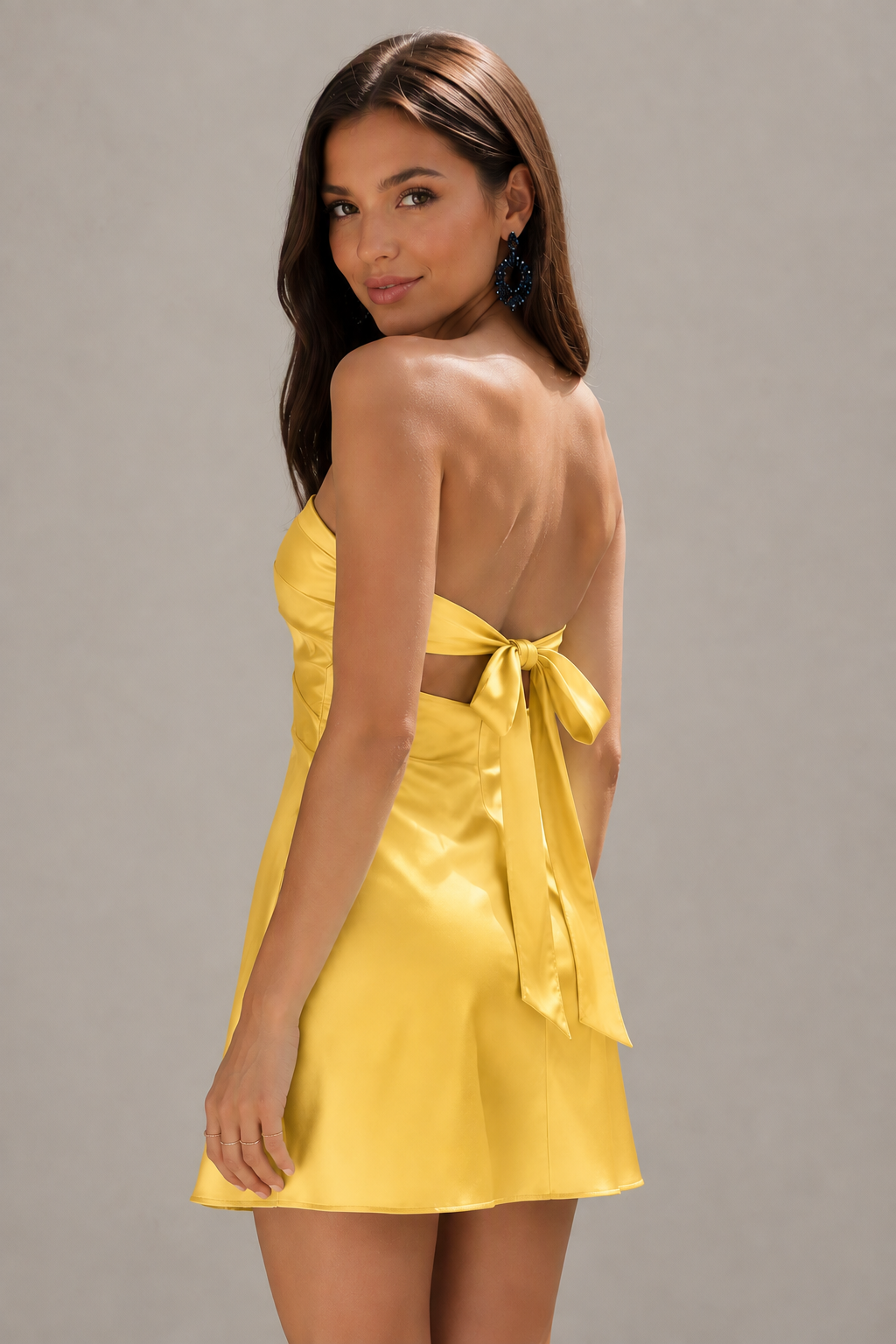 BOLODOO Mint Yellow Satin Strapless Twist Cutout Mini Dress with Bow-Tie Open Back - Yellow