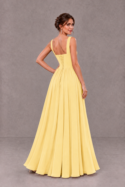 BOLODOO Yellow Square Neck A-Line Bridesmaid Dress with Slit - Yellow - Yellow_2