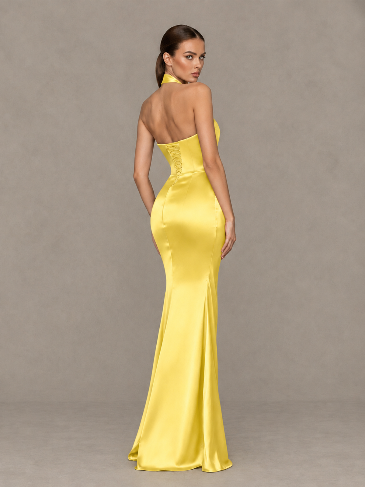 BOLODOO Yellow Cross-Halter Ruched Satin-Look Evening Gown with High Slit - Yellow - Yellow_2