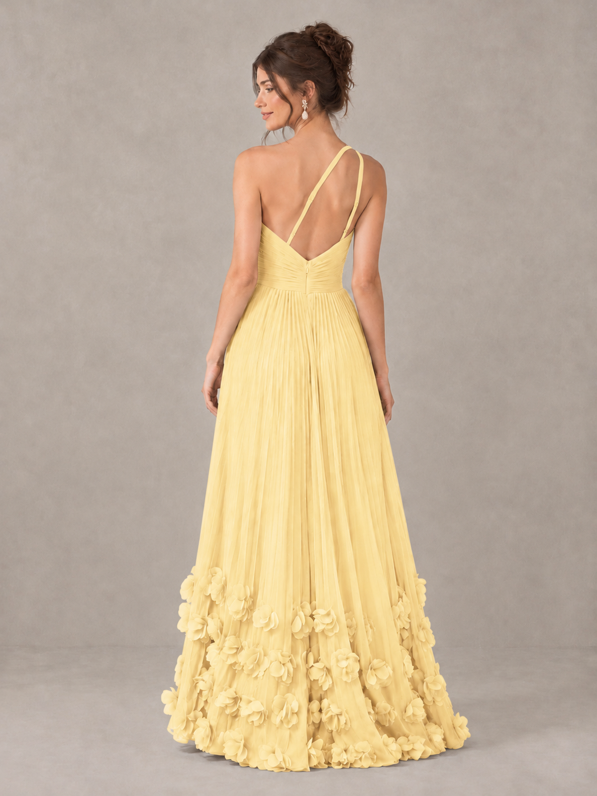 BOLODOO Yellow One-Shoulder Pleated Bridesmaid Dress with 3D Floral Hem - Yellow - Yellow_2