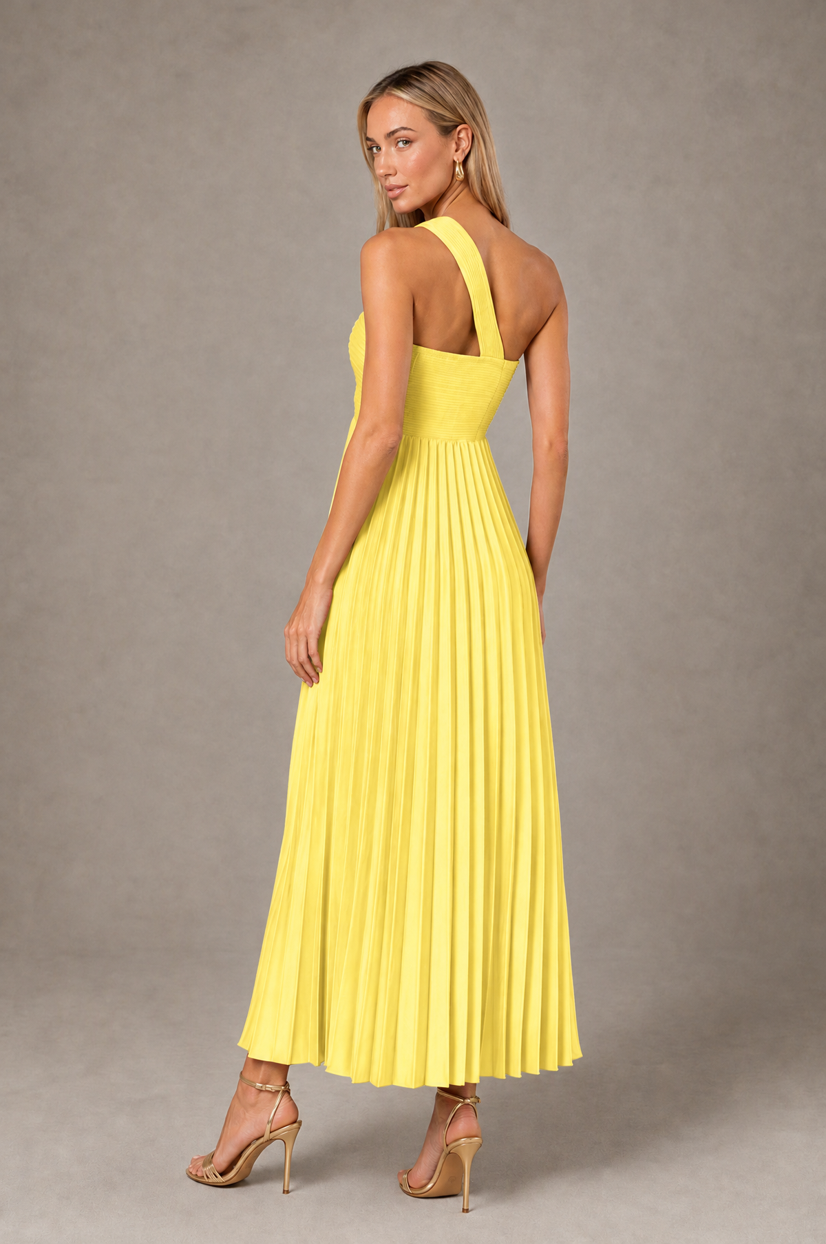 BOLODOO Yellow One-Shoulder Twist Knot Pleated Satin Midi Dress with Cutout - Yellow - Yellow_2