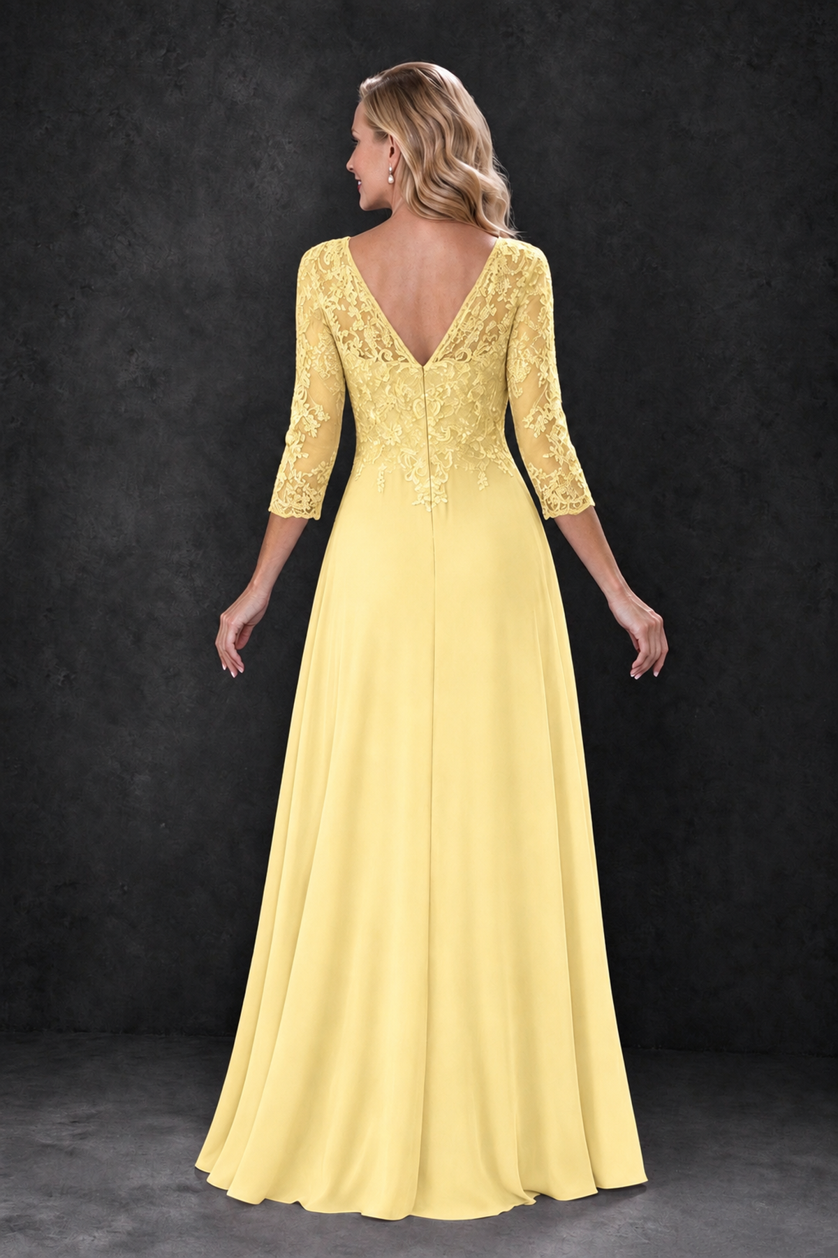 BOLODOO Yellow Lace Embroidered Mother of the Bride Dress with 3/4 Sleeves - Yellow - Yellow_2